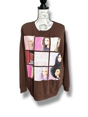 Barbie Hybrid Apparel Panel Squares Cozy Graphic Lightweight Brown Crewneck 2X